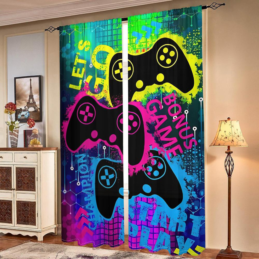 2er-Set Vorhänge mit Gamecontroller-Motiv und Neontext, halbtransparent, Mehrfarbig, B: 150 cm, H: 166 cm - Bild 3