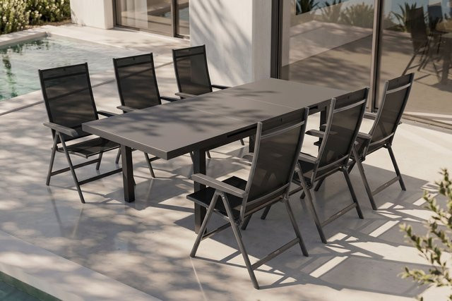 Kettler BasicPlus Garten-Essgruppe aus Aluminium und Textilene in Anthrazit mit ausziehbarem Tisch und 6 Klappstühlen - Bild 1