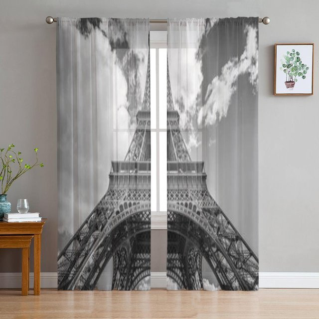 Binchi Outdoor Equipment Chiffon-Vorhang mit Eiffelturm Paris Motiv in Grau, Breite: 135 cm, Höhe: 114 cm - Bild 1