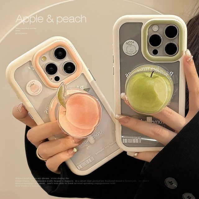 MUQGEW Handyhülle mit magnetischer Halterung im Koreanischen Cartoon-Design, Grüner Apfel und Pfirsich, Transparent und Stoßfest für iPhone 17, 16, 15, 14, 13, 12, 11 Pro Max - Bild 1