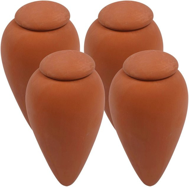 Relaxdays Bewässerungskegel aus Keramik in Natur Beige/Braun mit Deckel, 4er-Pack, Volumen: 350 ml, Höhe: 16 cm, Breite: 8 cm - Bild 1
