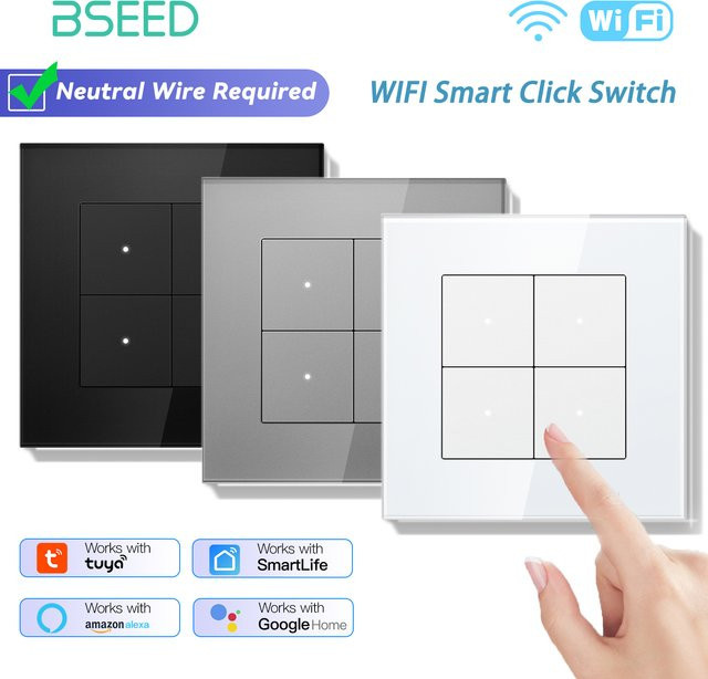 BSEED Smart WLAN Lichtschalter mit Glas Panel und LED Anzeige, Tuya und Google Home kompatibel, 1-4 Gang, erhältlich in Weiß oder Grau - Bild 1