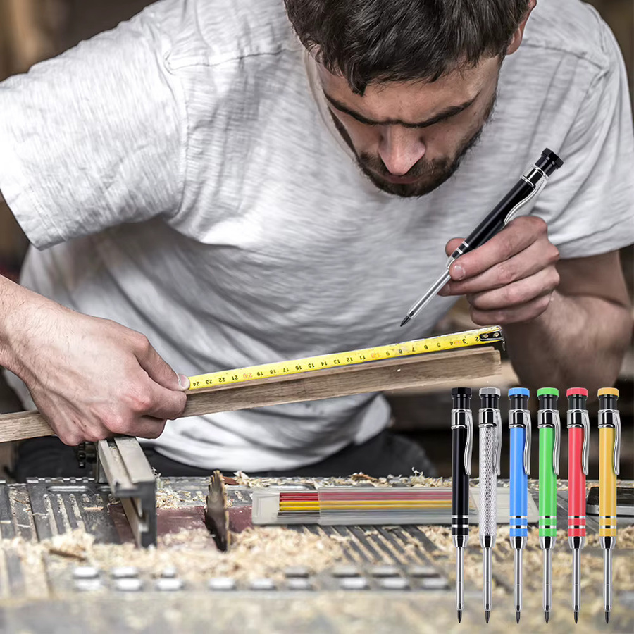 MROOFUL Professionelles Schreinerbleistift-Set aus Metall in Gelb mit 2,8 mm Graphit-Nachfüllminen und langer Nase für präzise Markierungen in der Holzbearbeitung - Bild 2