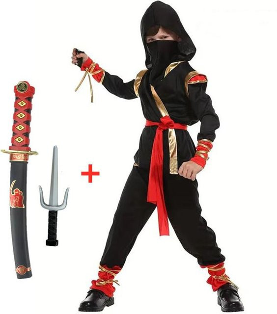 Ninja Kostüm Rollenspiel, mit Kapuze und Ninja Schwert, Schwarz - Bild 1