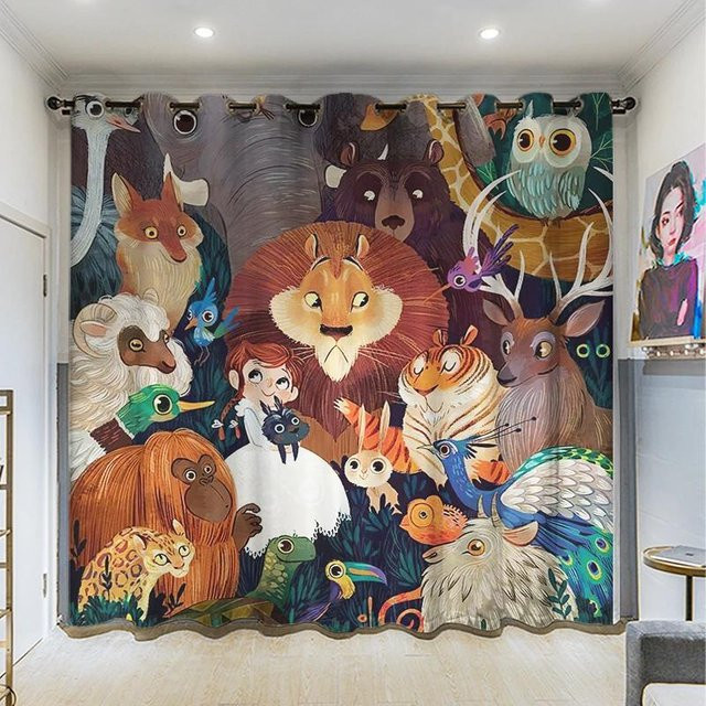 Yiran Furniture Wald Zoo Vorhänge mit Tierprint für Kinder, 2er Set, Mehrfarbig, B: 60 cm, H: 50 cm pro Panel - Bild 1