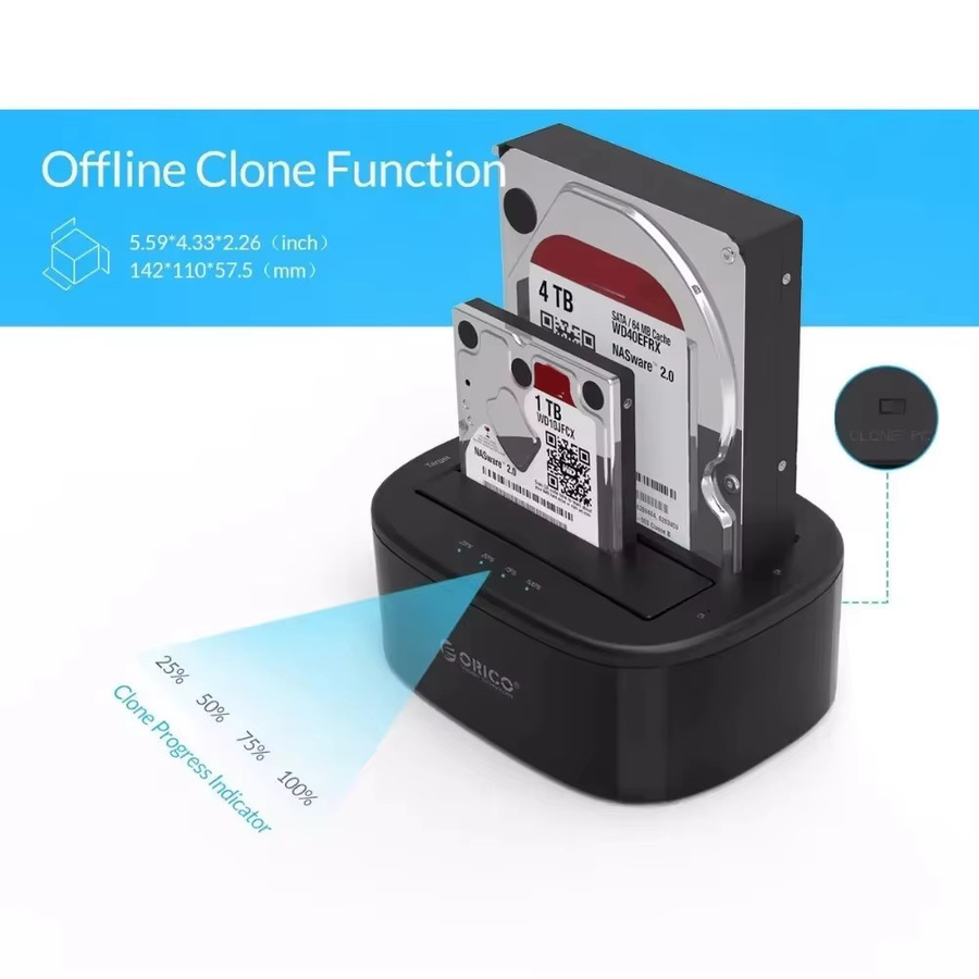 ORICO 2-Bay HDD Dockingstation SATA zu USB 3.0 Externes Festplattengehäuse für 2,5 und 3,5 Zoll HDD/SSD mit Offline-Klonfunktion, Schwarz - Bild 3