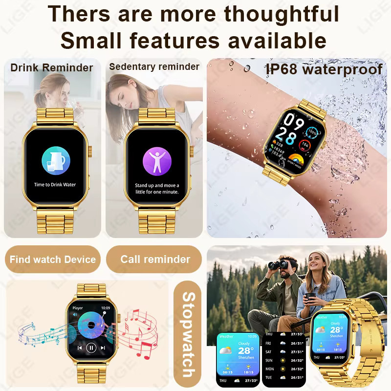 LIGE Smartwatch, Edelstahl, Schwarz, Gold, Unisex - Bild 4