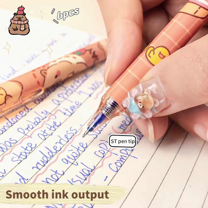 6er Set Kawaii Capybara Gel Stifte mit schwarzer und blauer Tinte, schnell trocknende ästhetische Schreibwaren für Schule und Büro - Bild 2