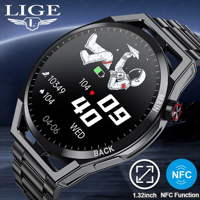 LIGE Smartwatch, Edelstahl, Grau, Herren, NFC, Bluetooth, wasserdicht - Bild 1