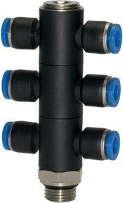 Riegler T-Mehrfachverteiler Blaue Serie, 6-fach, drehbar, G 1/4, Durchmesser 8mm, Messing, Blau - Bild 1