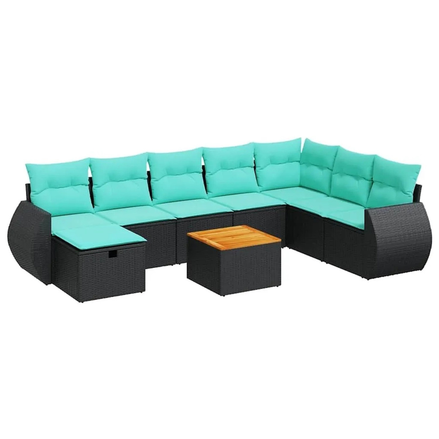 vidaXL 9-teilige Garten-Sofagarnitur mit Kissen aus Poly-Rattan und Akazienholz in Schwarz - Bild 2