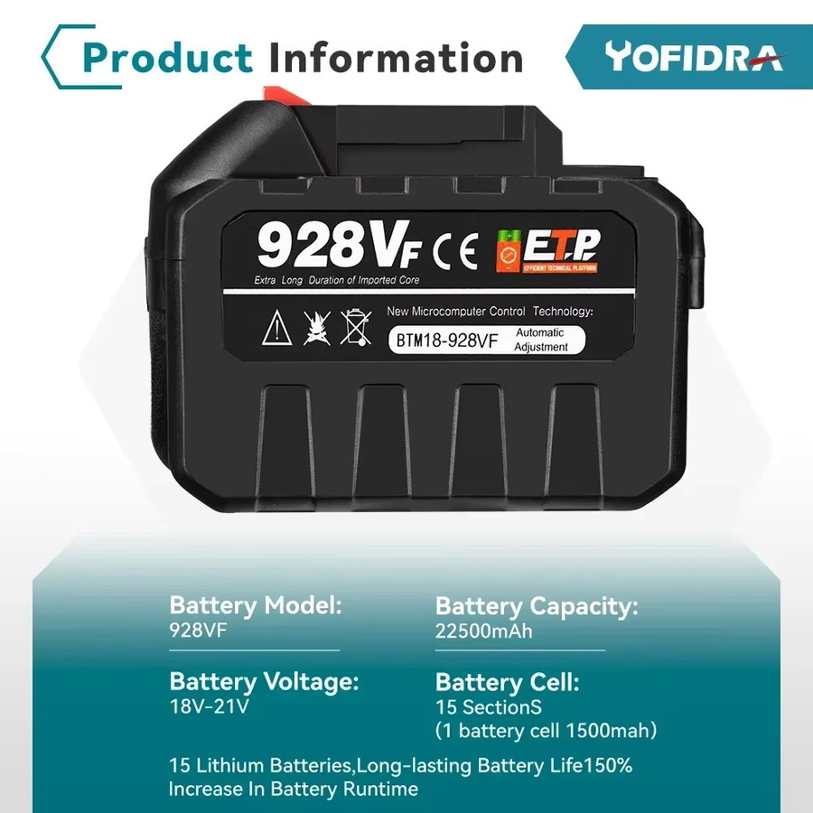 Yofidra Lithium-Ionen Akku 22500mAh für 21V elektrische Elektrowerkzeuge, Farbe: Schwarz - Bild 2