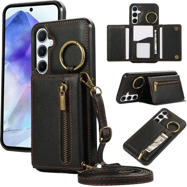 Crossbody-Kartenhalter und Brieftaschenetui aus Leder für Samsung Galaxy S25 Ultra S24 S23 FE S22 S21 Plus A06 A26 A16 A36 A56 A35 A55 in Schwarz - Bild 1