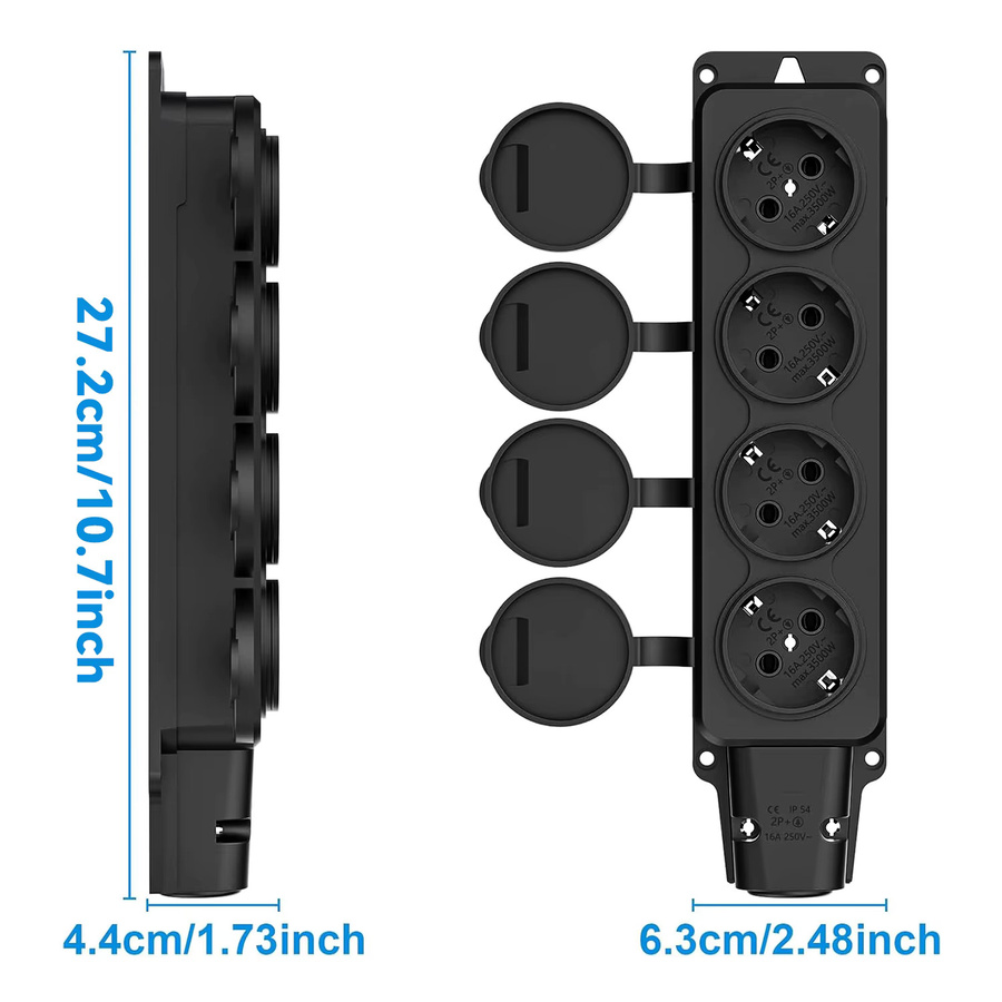 CILIA 3/4-Wege Outdoor Steckdose mit Regenschutzabdeckung, wasserdichte kabellose Erweiterungssteckdose IP54, 16A 3500W, Schwarz - Bild 4