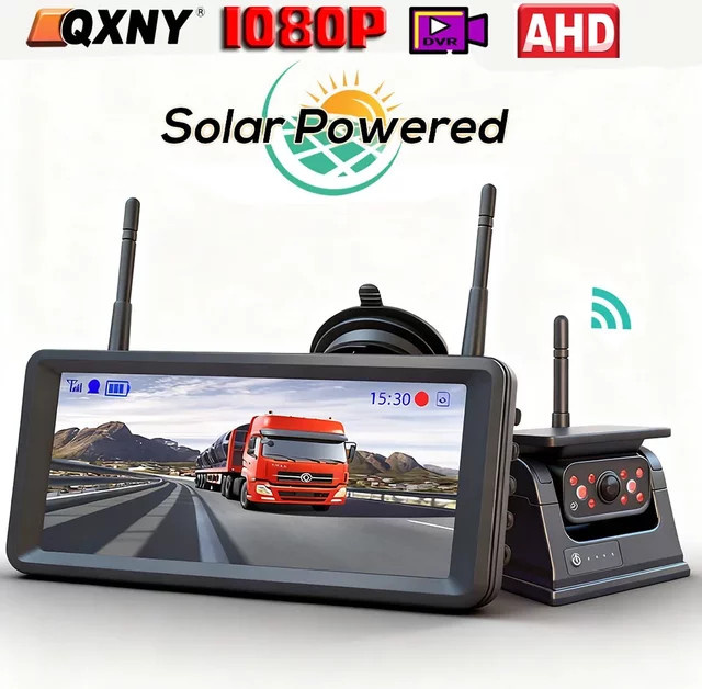 QXNY Kabellose solarbetriebene Rückfahrkamera mit 7-Zoll DVR-Monitor für Wohnmobil, LKW und Anhänger, Schwarz - Bild 1