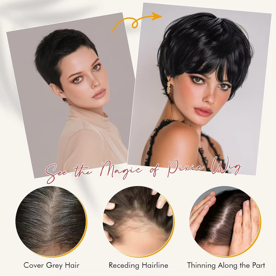OYM HAIR Pixie Cut Perücke, 100 % Echthaar, Glattes Haar, Damen - Bild 3