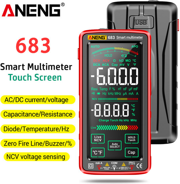 ANENG 683 Smart Multimeter mit Touchscreen, wiederaufladbar, 6000 Counts, AC/DC Spannungsprüfer und Strommessgerät in Rot - Bild 1