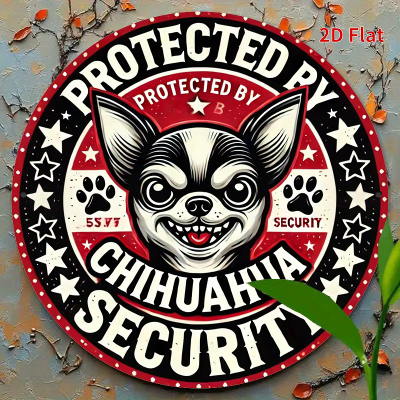Potdemiel Metallschild Protected by Chihuahua Security mit rotem Sternen-Design, runde Wanddekoration für Zuhause und Büro, Durchmesser: 20 cm - Bild 4