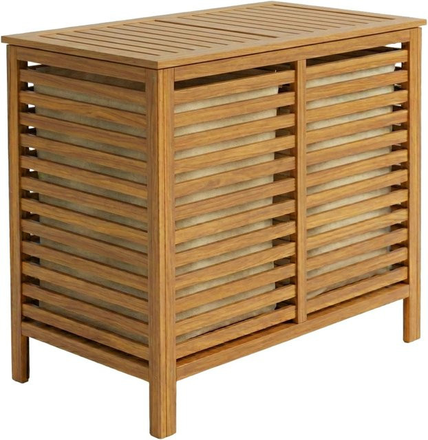 Relaxdays Wäschesammler aus Walnussholz in Braun und Beige mit 2 Fächern, Klappdeckel und herausnehmbaren Baumwollbeuteln, Volumen: 150 l, B/T/H: 67,5 x 89 x 46,5 cm - Bild 1