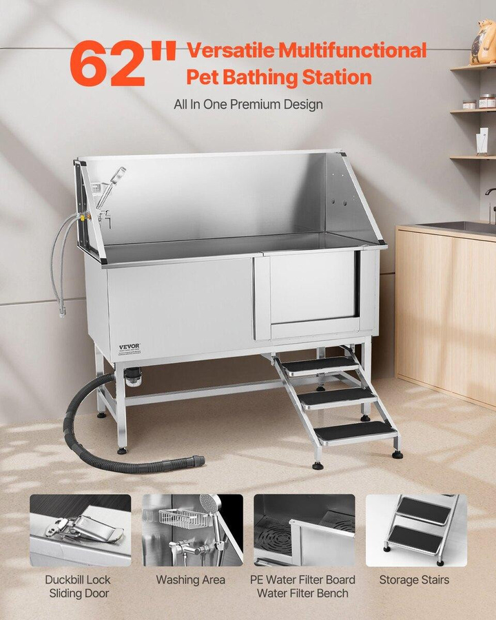 Buying Solutions MB Hundepflege-Badewanne aus Edelstahl mit Treppe und Wasserfilter, Silber, B/T/H: 157,5 x 70,0 x 76,7 cm - Bild 3