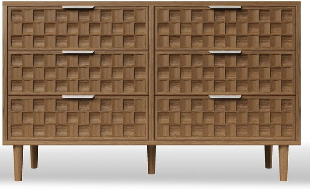 Merax Sideboard Kommode mit 6 Schubladen in Braun mit Waffeldesign und geometrischem Muster, Breite: 120 cm - Bild 1