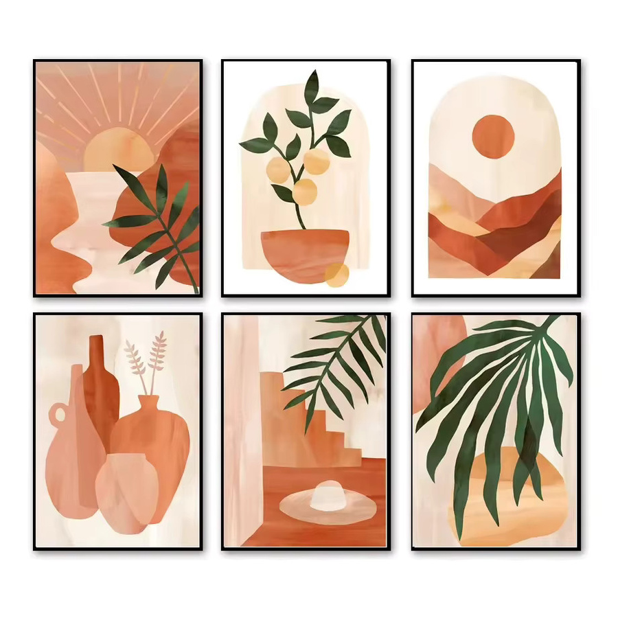 Abstrakte Leinwandgemälde von Potdemiel mit Sonnenuntergang, Zitronenbaum und Vase im nordischen Retro-Stil zur Wohnzimmerdekoration - Bild 2