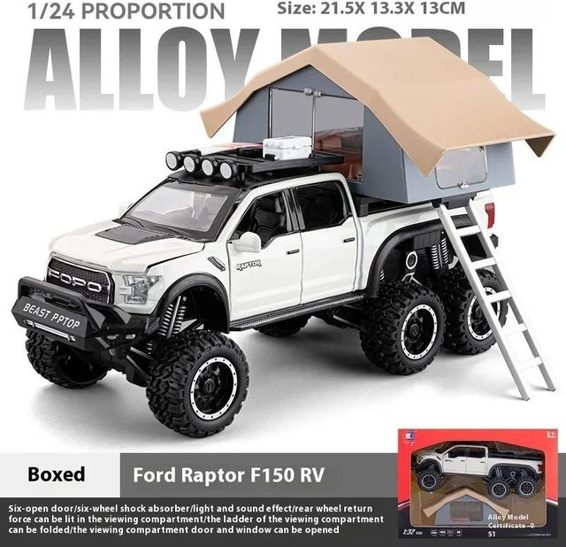 Linyi toy car Ford Raptor F150 Camping Wohnmobil Geländewagen Pickup Truck, Modellauto, 1:24, Metall, mit Sound & Licht, ab 14 Jahren - Bild 1