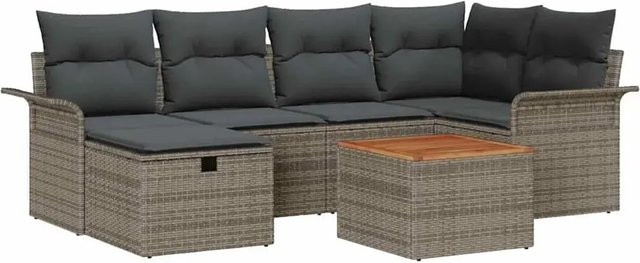 vidaXL Garten-Sofa-Set aus Polyrattan und Akazienholz in Grau, 7-teiliges L-Shape Lounge-Set mit Kissen, Ottoman und Couchtisch inklusive integriertem Kissen-Stauraum - Bild 1