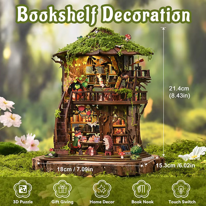 zuuton DIY Holz-Puppenhaus Buchnische, Miniatur-Modellbausatz, mit LED-Beleuchtung - Bild 2