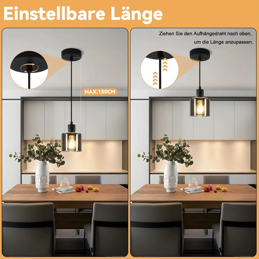 Vintage Pendelleuchte im Industrial Style mit Glaszylinder und E27 Fassung in Schwarz - Bild 4