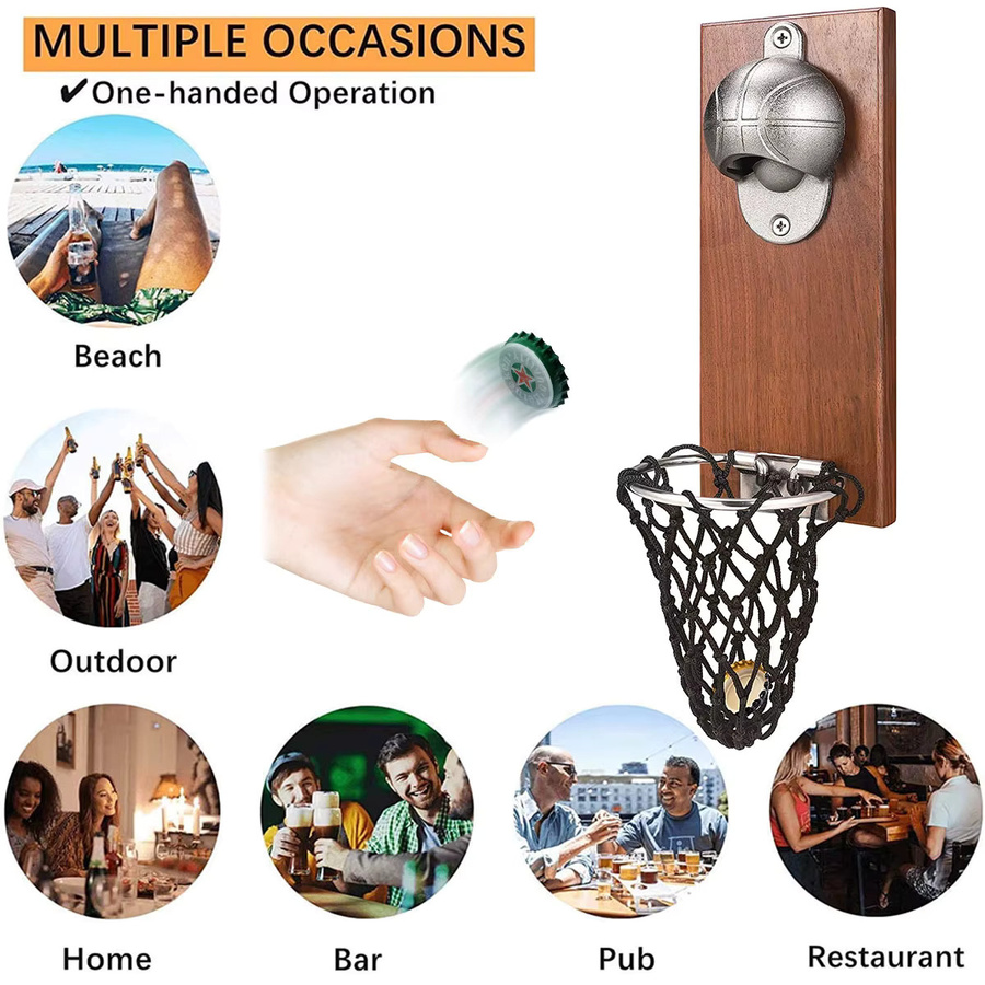 Willstar Magnetischer Basketball Flaschenöffner aus Holz zur Wandmontage mit Kappenfänger, Rund - Bild 3