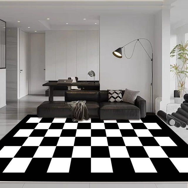 VIKAMA Teppich in Schwarz-Weiß kariert für Wohnzimmer und Schlafzimmer in Cremestil - Bild 1