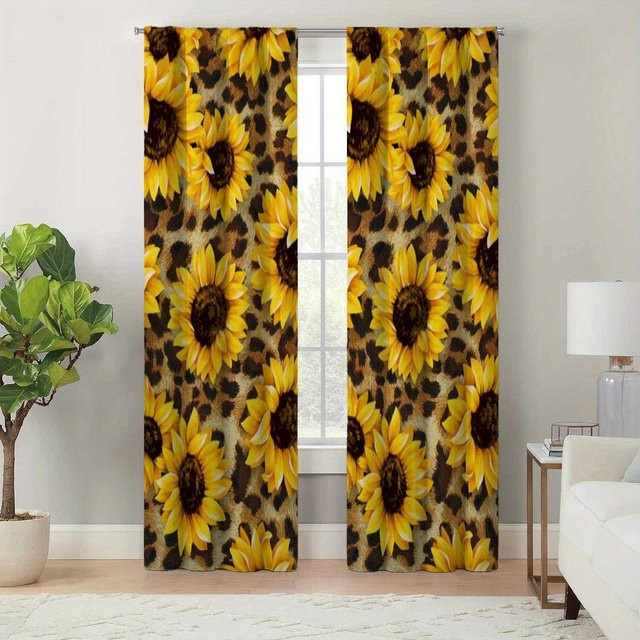 2er-Set Dekovorhang mit Sonnenblumenmuster in Schwarz und Multicolour, modern und semi-transparent, Breite: 100 cm, Höhe: 130 cm - Bild 1