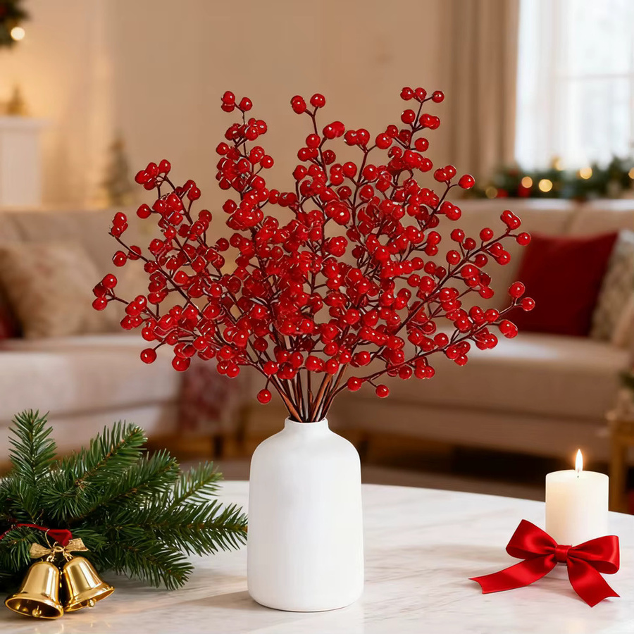 XIAOYINMO Künstliche Holly Pflanze mit roten Früchten für Weihnachts- und Neujahrsdekoration sowie Hochzeiten, Rot - Bild 2