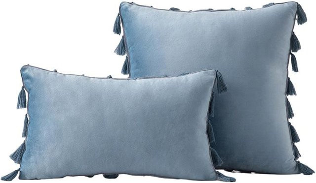 2er-Pack Cozy Up Home Dekorative Kissenbezüge aus Samt in Blau mit Quasten und Fransen im Boho-Stil, B/H: 45 x 45 cm - Bild 1