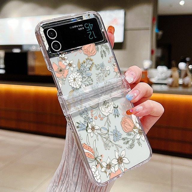 Stoßfeste Hardcover Schutzhülle mit Blumenmuster für Samsung Galaxy Z Flip 5 und Z Flip 4 in Transparent - Bild 1