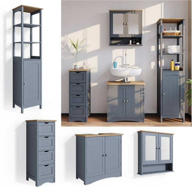 Vicco 4er Badmöbel Set Bianco in Grau im Landhausstil mit Spiegelschrank, Unterschrank und Hochschrank - Bild 2