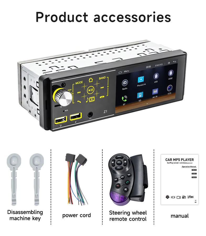 BQCC 1DIN MP5 Auto-Player mit Bluetooth, Apple CarPlay, Android Auto, USB und SD-Karten-Unterstützung, 4,1 Zoll, Schwarz - Bild 6
