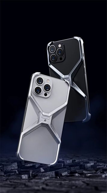 Stoßfestes Aluminium Handycase ohne Rand für iPhone 16 15 14 13 Pro Max mit X-Typ abnehmbarer Wärmeableitung in Grau und Silber - Bild 1