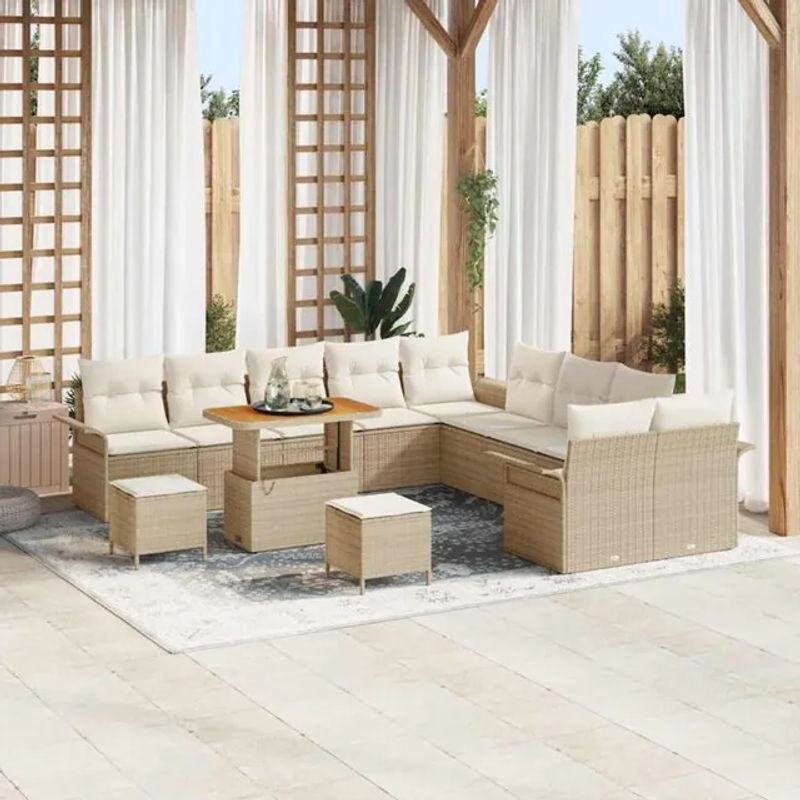 Vidaxl Polyrattan Garten-Sofa-Set mit 13 Teilen und Kissen, Modernes Loungemöbel aus Akazie und Stahl, Beige und Creme, B/T/H: 90 x 55 x 71 cm - Bild 1