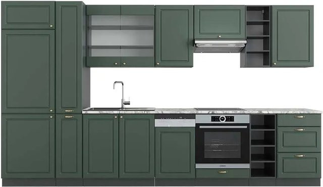 Vicco Fame-Line Küchenzeile im Landhausstil in Grün-Gold und Anthrazit mit Marmor-Optik, Breite: 355 cm - Bild 1