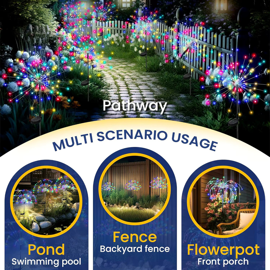 GHUSTAR 4er Set Solar-Gartenleuchten mit 200 RGB LED Feuerwerks-Effekt, wasserdichte Mehrfarben Außenbeleuchtung für Garten und Terrasse, Schwarz - Bild 5