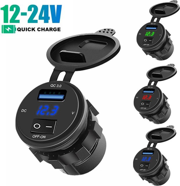 Kankeirr 18W QC3.0 USB-Autoladegerät mit LED-Voltmeter und EIN/AUS-Schalter, wasserdichte USB-Steckdose für Auto, ATV, Boot und Motorrad, Schwarz - Bild 1