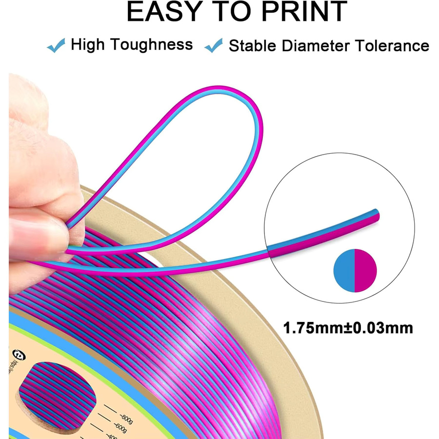 Filajoy3D Seiden-PLA-Filament 1,75 mm für FDM 3D-Drucker, zweifarbiges Coextrusions-Filament in Seidenrosa-Rot-Blau, 250 g - Bild 2