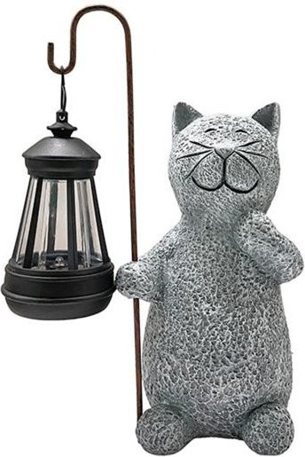 Yousheng Solar-Katzenstatue mit Laterne, graue Kätzchen-Skulptur aus Harz mit warmweißem LED-Licht für Garten und Terrasse - Bild 1