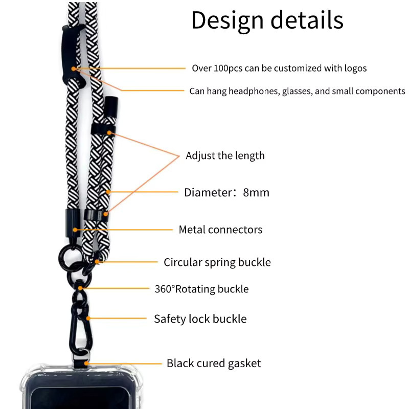Universal Crossbody Telefon Lanyard aus Nylon in Schwarz, 150 cm Länge, abnehmbares Rundseil für Kamera und Schlüsselbund - Bild 2