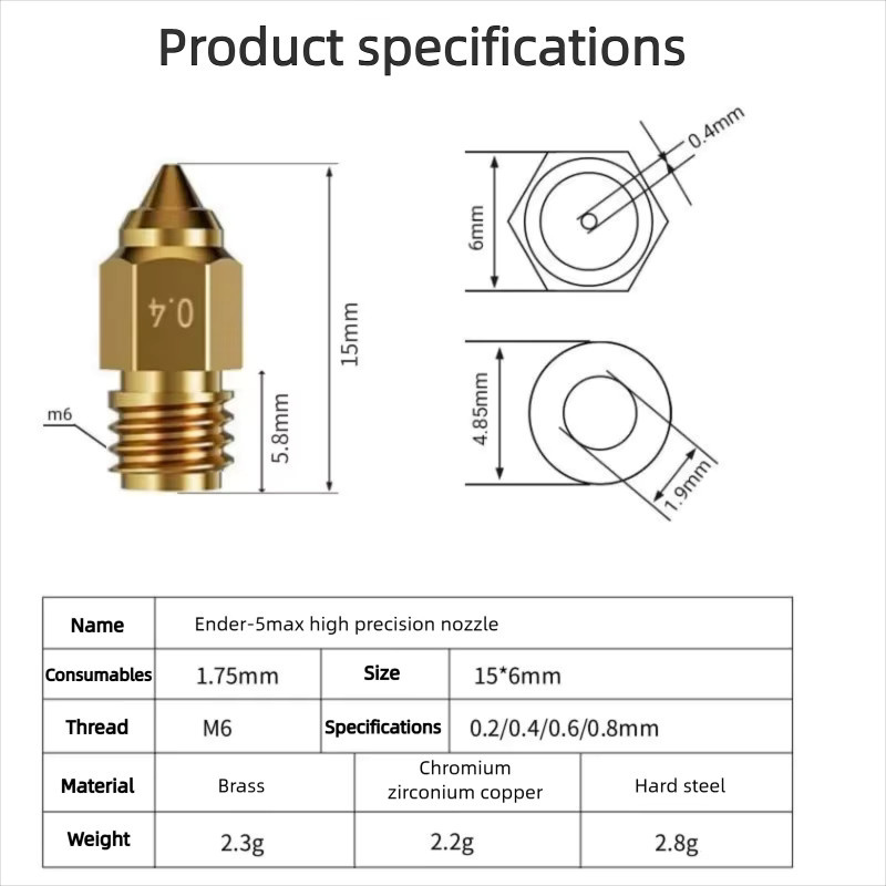 Creality Ender-5 Max High Speed Hotend Düse aus Messing und gehärtetem Stahl in Gold, Durchmesser: 0,2 mm, 0,4 mm, 0,6 mm, 0,8 mm - Bild 2