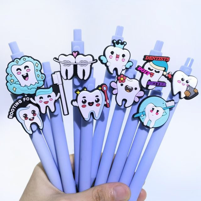 10 Stück Kugelschreiber mit Zahn-Motiv in Blau, PVC Druckknopf-Stifte für den Tag der Zahngesundheit - Bild 1