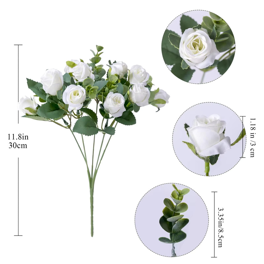3er-Set Uflower Seidenrosenstrauß mit Eukalyptus in Beige und Weiß, Kunstblumen für Tischdekoration, Höhe: 30 cm - Bild 3