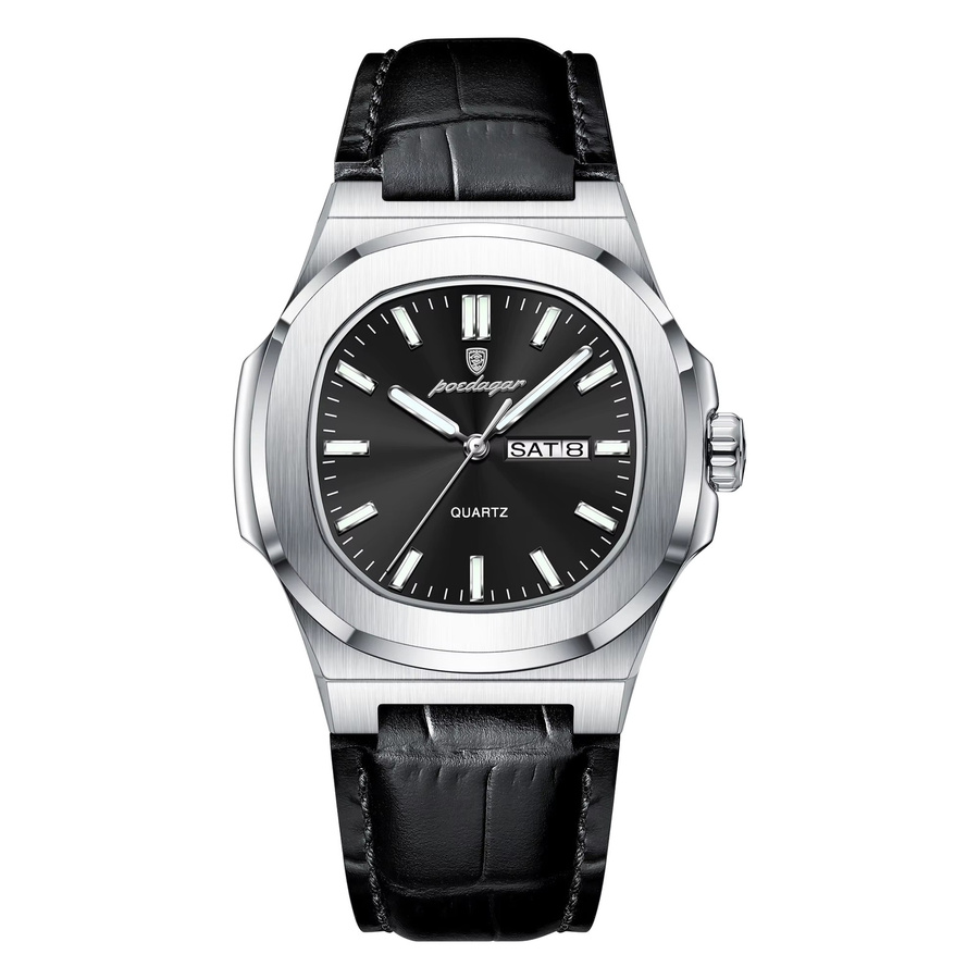 POEDAGAR Armbanduhr, Quarz, Leder, Schwarz, Silber, Herren - Bild 7